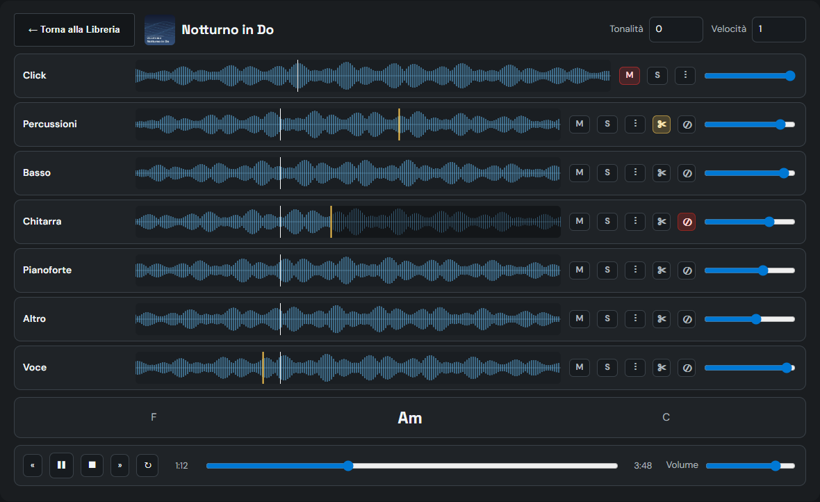 Mixer del client web Stemixo con stem, waveform, accordi e trasporto